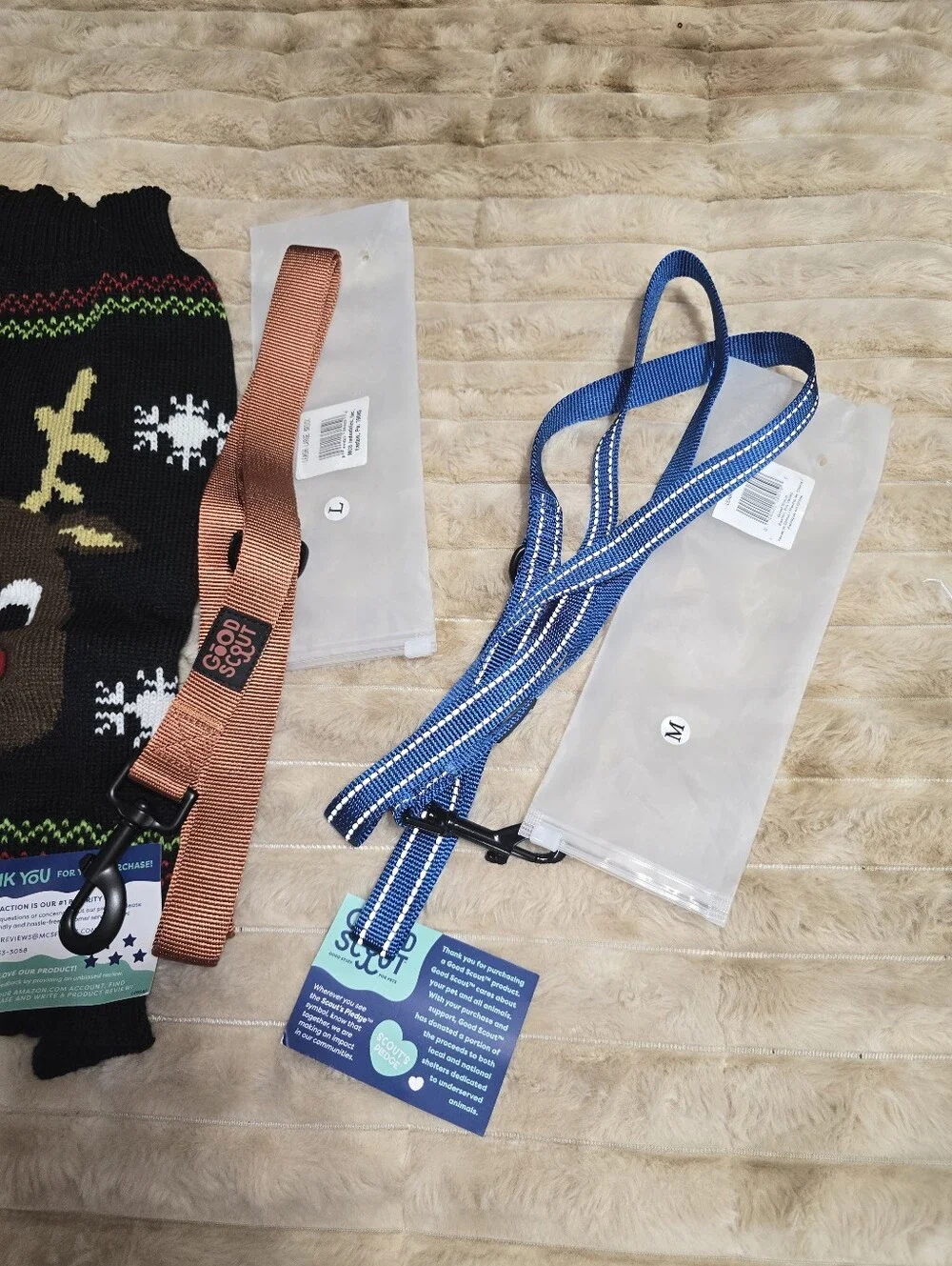 Good Scout Dog Leashes (2) & Christmas Reindeer Knit Dog Sweater Lot NWT